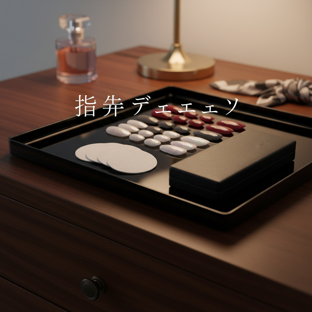 A sleek black lacquer tray on a polished wooden dresser displaying a premium nail chip care kit: multiple rows of custom-sized nail chips in deep wine, smoky gray, and pearly white, along with non-branded applicator pads and a discreet, logo-free storage case. The chips’ surfaces catch the glow of a single warm table lamp, creating jewel-like reflections that emphasize their role as “指先ジュエリー.” The surrounding area is intentionally uncluttered, with only a blurred hint of a perfume bottle in the background. Photographic realism, shot at a low, slightly diagonal angle, with a shallow depth of field that enhances the sophisticated, evening-ready mood.
