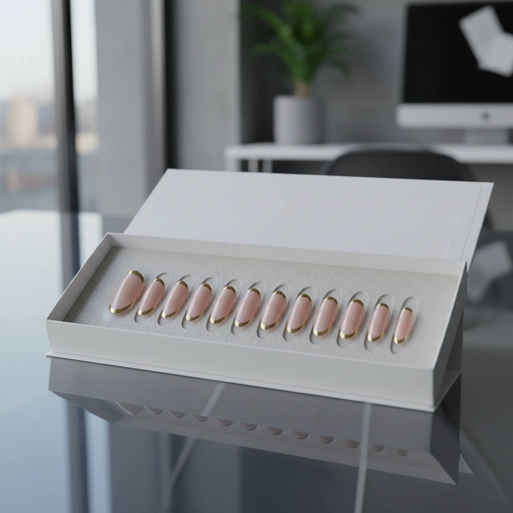 An open, matte-white presentation box on a minimalist glass desk, revealing a neatly aligned row of bespoke nail chips resting in a custom foam insert that subtly echoes the curve of a natural nail bed. Each chip features a refined French design with modern, thin lines of champagne gold, clearly removable and independent, with no traditional polish bottles in sight. Cool daylight from a nearby window washes over the scene, creating crisp, clean reflections and soft shadows. In the blurred background, indistinct office objects suggest a professional setting. Photographic realism, shot from a slightly elevated angle with rule-of-thirds composition, conveys a sophisticated, ready-for-work atmosphere.