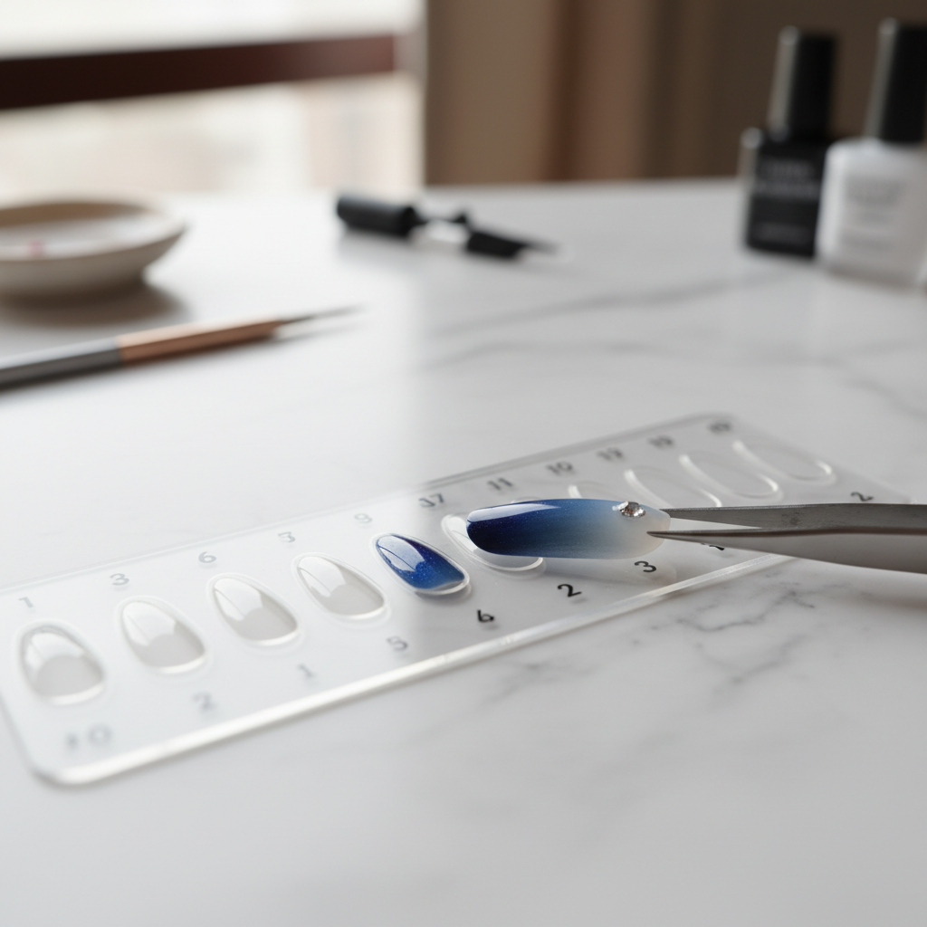 A close-up, macro-style photograph of a single nail chip being gently placed onto a transparent silicone sizing guide resting on a marble tabletop, emphasizing the customized fit and temporary nature. The chip itself gleams in a deep, jewel-toned navy with a subtle gradient and a single small crystal near the tip, like a tiny piece of fine jewelry. Diffused natural light from above creates smooth highlights along the curve, revealing ultra-smooth edges and precision shaping. The background fades into soft, neutral blur with hints of neatly arranged tools, evoking meticulous craftsmanship. The composition is tightly framed, with a shallow depth of field and a serene, focused mood.