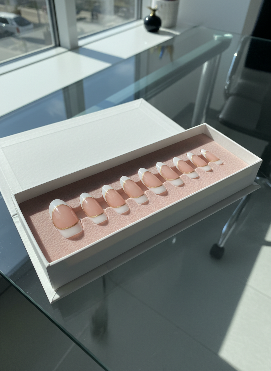 An open, matte-white presentation box on a minimalist glass desk, revealing a neatly aligned row of bespoke nail chips resting in a custom foam insert that subtly echoes the curve of a natural nail bed. Each chip features a refined French design with modern, thin lines of champagne gold, clearly removable and independent, with no traditional polish bottles in sight. Cool daylight from a nearby window washes over the scene, creating crisp, clean reflections and soft shadows. In the blurred background, indistinct office objects suggest a professional setting. Photographic realism, shot from a slightly elevated angle with rule-of-thirds composition, conveys a sophisticated, ready-for-work atmosphere.
