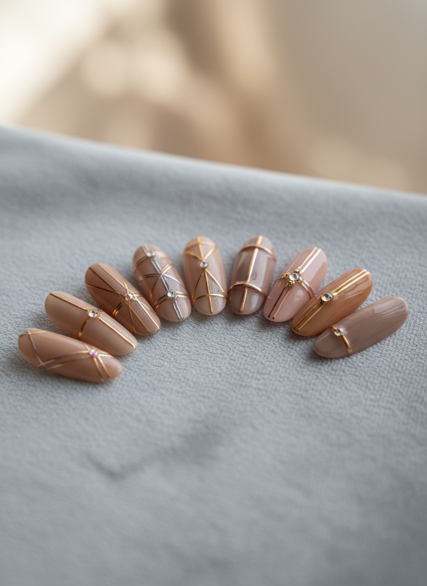 A set of custom-made nail chips arranged in a gentle arc on a smooth, dove-gray velvet surface, each chip a different sophisticated nude or soft taupe shade with subtle metallic accents, resembling fine jewelry for the fingertips. The camera captures them at eye level in photographic realism, highlighting the precise curvature and personalized fit contours along the inner edges. Soft studio lighting from the left creates delicate reflections on the glossy finishes and tiny embedded crystals, while the background melts into a creamy bokeh. The mood is luxurious yet calm, suggesting workplace- and school-appropriate elegance. Centered composition with shallow depth of field keeps every detail of craftsmanship in sharp, enticing focus.