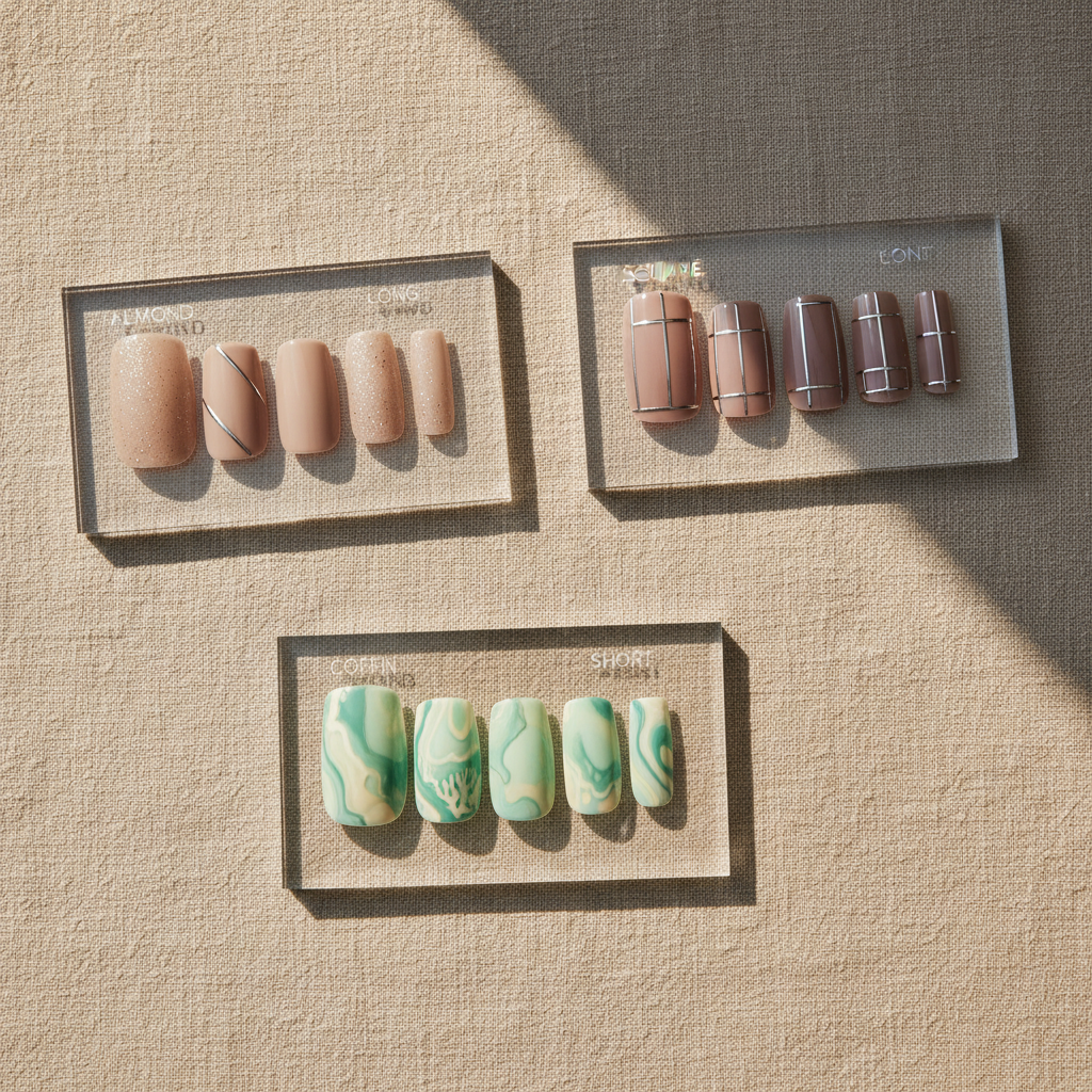 A curated flat lay of several themed sets of nail chips on a pale sand-colored linen cloth, each set carefully grouped on small, clear acrylic trays labeled only by shape and length markers, avoiding any typography. One set is a minimalist office-appropriate beige with micro-sparkle, another a slightly bolder mauve with geometric silver accents, and a third a soft seafoam inspired by ocean waves, subtly referencing a diver’s world without literal imagery. Warm, indirect afternoon light streams in from the right, casting elegant shadows and enhancing textures. Photographic realism, shot from directly above, with balanced negative space and a calm, editorial magazine feel.