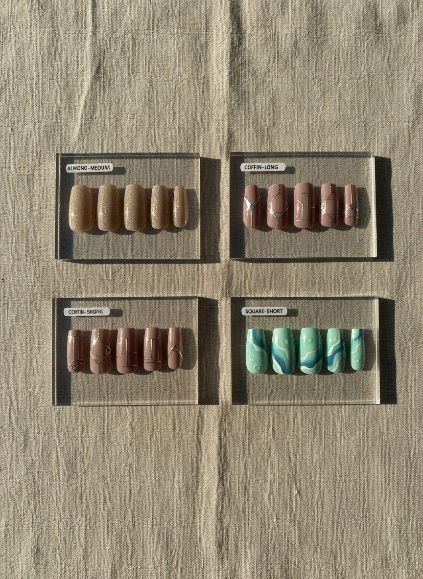 A curated flat lay of several themed sets of nail chips on a pale sand-colored linen cloth, each set carefully grouped on small, clear acrylic trays labeled only by shape and length markers, avoiding any typography. One set is a minimalist office-appropriate beige with micro-sparkle, another a slightly bolder mauve with geometric silver accents, and a third a soft seafoam inspired by ocean waves, subtly referencing a diver’s world without literal imagery. Warm, indirect afternoon light streams in from the right, casting elegant shadows and enhancing textures. Photographic realism, shot from directly above, with balanced negative space and a calm, editorial magazine feel.