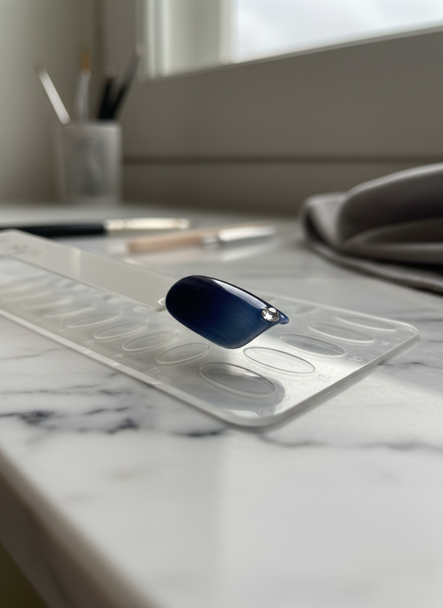 A close-up, macro-style photograph of a single nail chip being gently placed onto a transparent silicone sizing guide resting on a marble tabletop, emphasizing the customized fit and temporary nature. The chip itself gleams in a deep, jewel-toned navy with a subtle gradient and a single small crystal near the tip, like a tiny piece of fine jewelry. Diffused natural light from above creates smooth highlights along the curve, revealing ultra-smooth edges and precision shaping. The background fades into soft, neutral blur with hints of neatly arranged tools, evoking meticulous craftsmanship. The composition is tightly framed, with a shallow depth of field and a serene, focused mood.